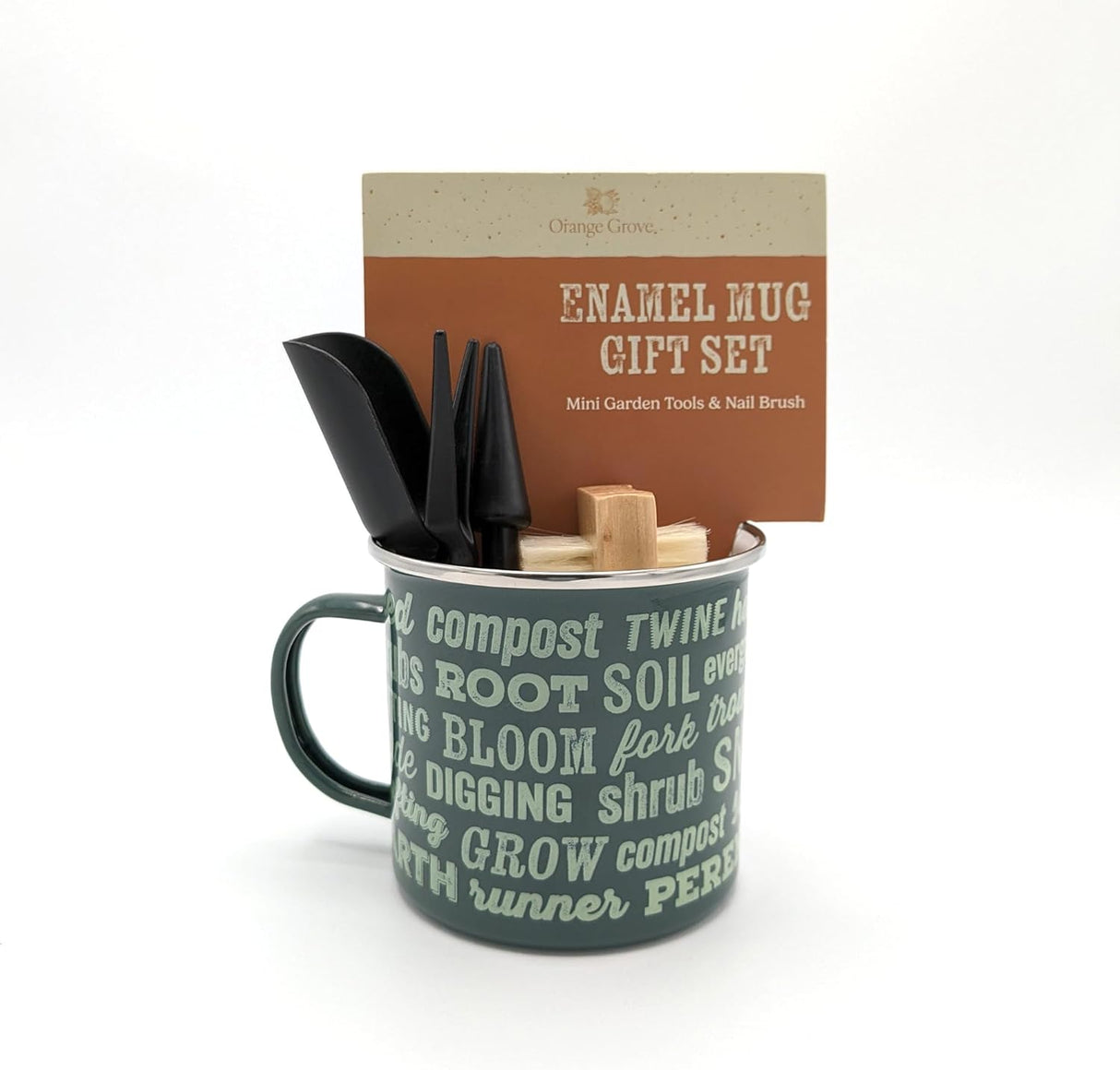 Orange Grove Mini Garden Tools and Enamel Mug Gardening Gift Set - Includes Dibber, Shovel, Seedling Extractor and Nail Brush