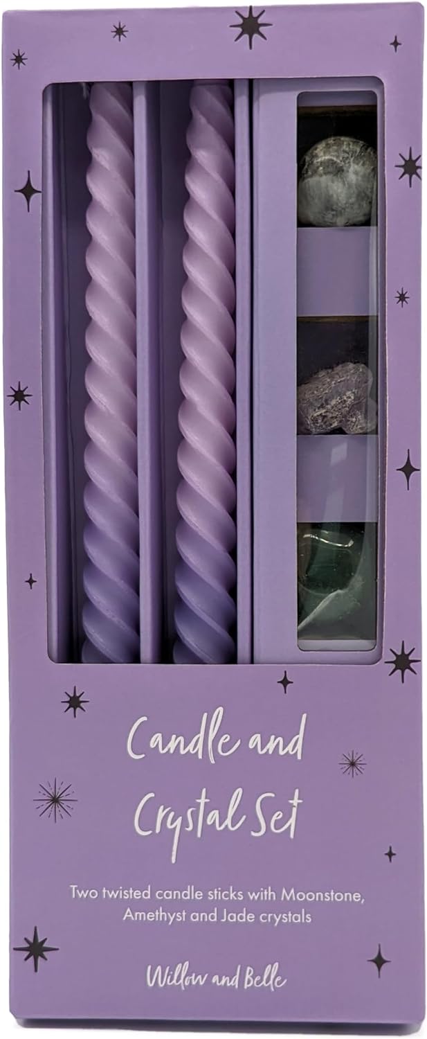 Willow and Belle Purple Ombre Candle & Crystal Set - Includes Two Twisted Candles and Three Crystal Stones