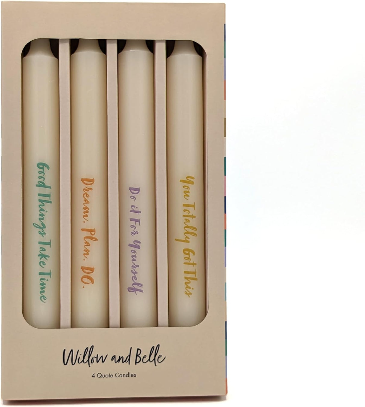 Willow and Belle Quote Design Table Candles In Gift Box Set Of Four