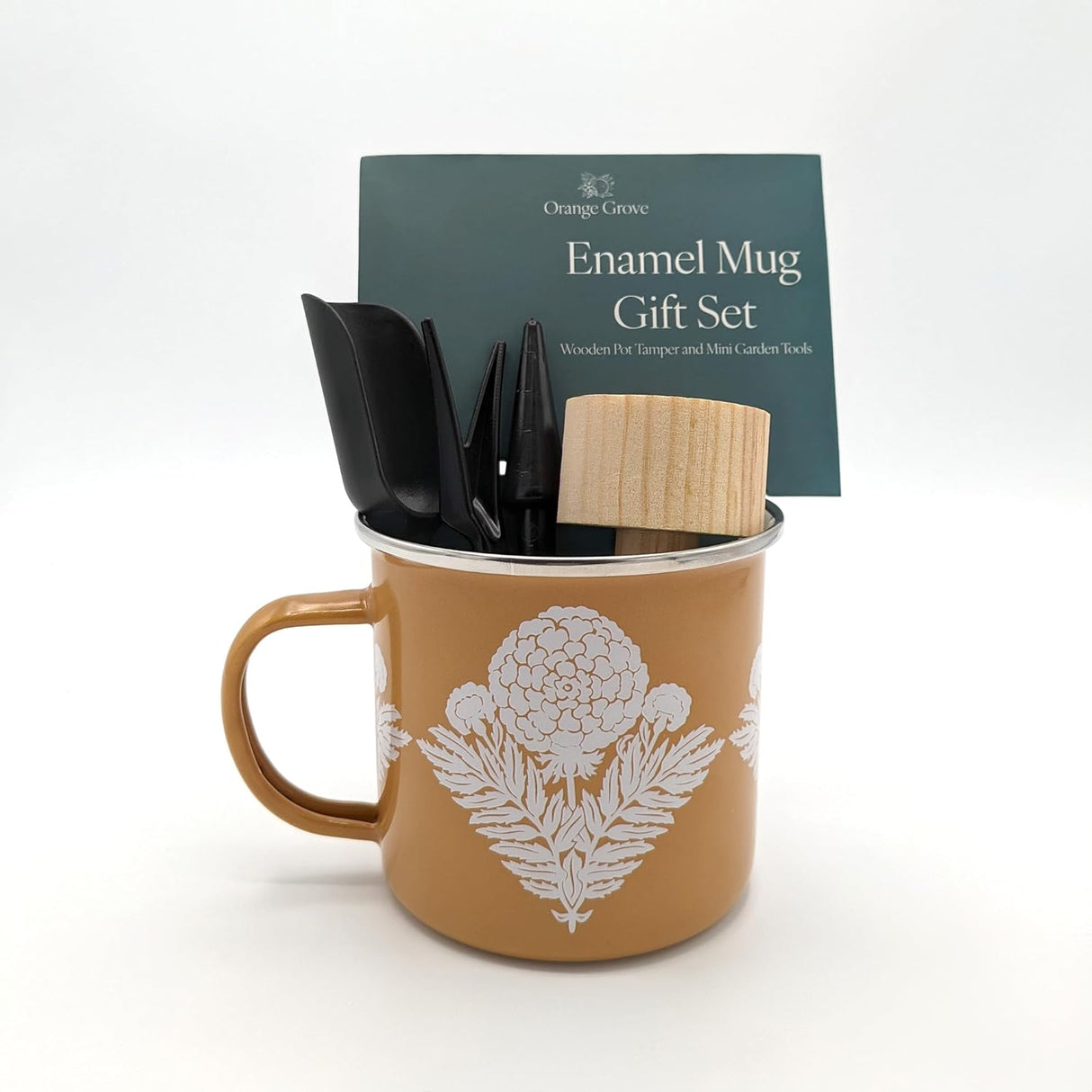 Orange Grove Mini Garden Tools and Enamel Mug Gardening Gift Set - Includes Dibber, Shovel, Seedling Extractor and Pot Tamper