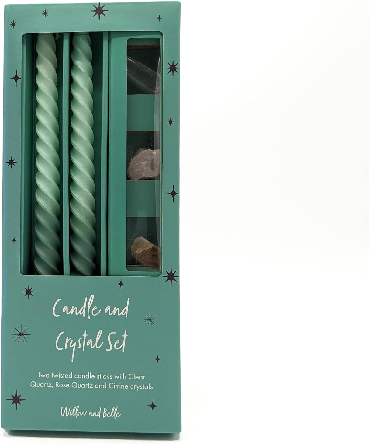 Willow and Belle Green Ombre Candle & Crystal Set - Includes Two Twisted Candles and Three Crystal Stones