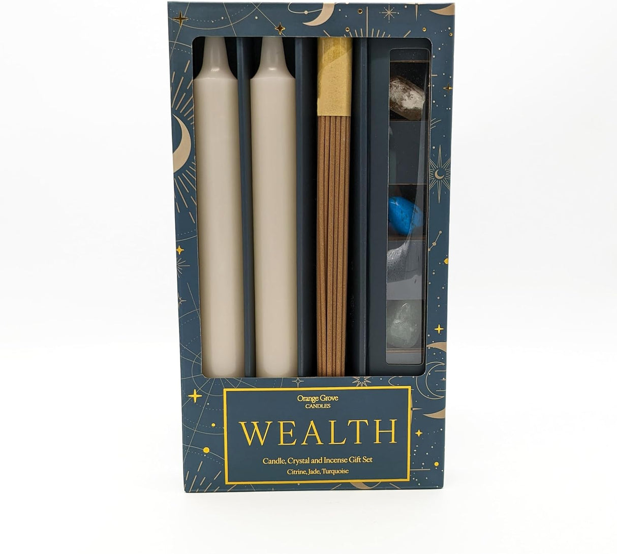 Orange Grove Wealth Candle, Crystal and Incense Set - Includes Two Candles and Three Crystal Stones