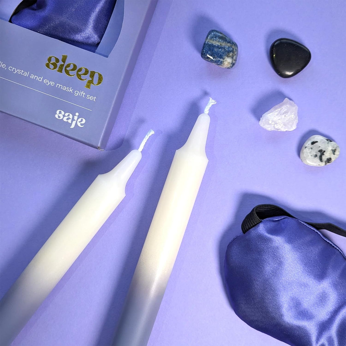 Saje Sleep Candle, Crystal & Eye Mask Set - Includes Two Candles and Four Crystal Stones