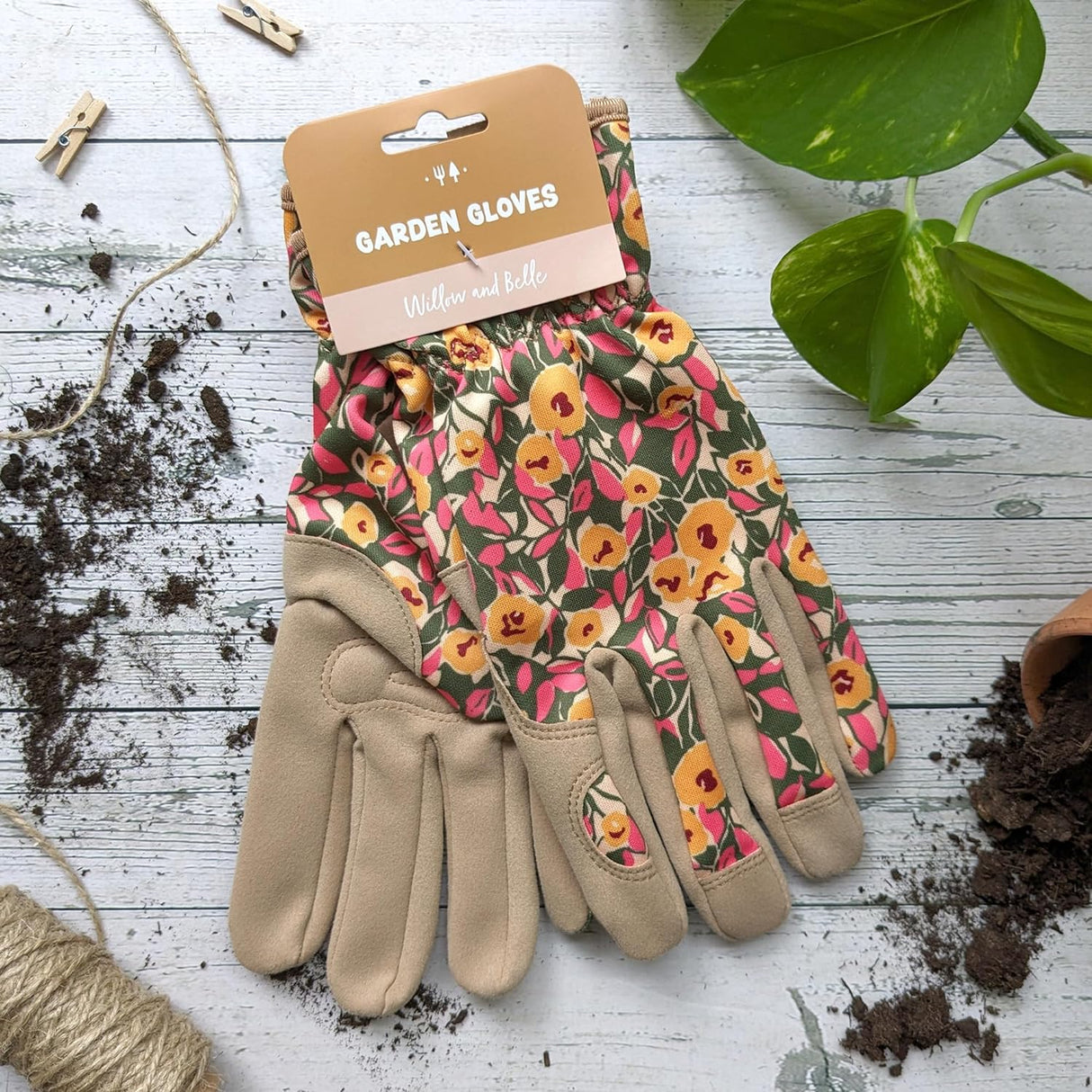 Willow and Belle Outdoor Gardening Gloves - Women's One Size - Padded with Elastic Cuffs