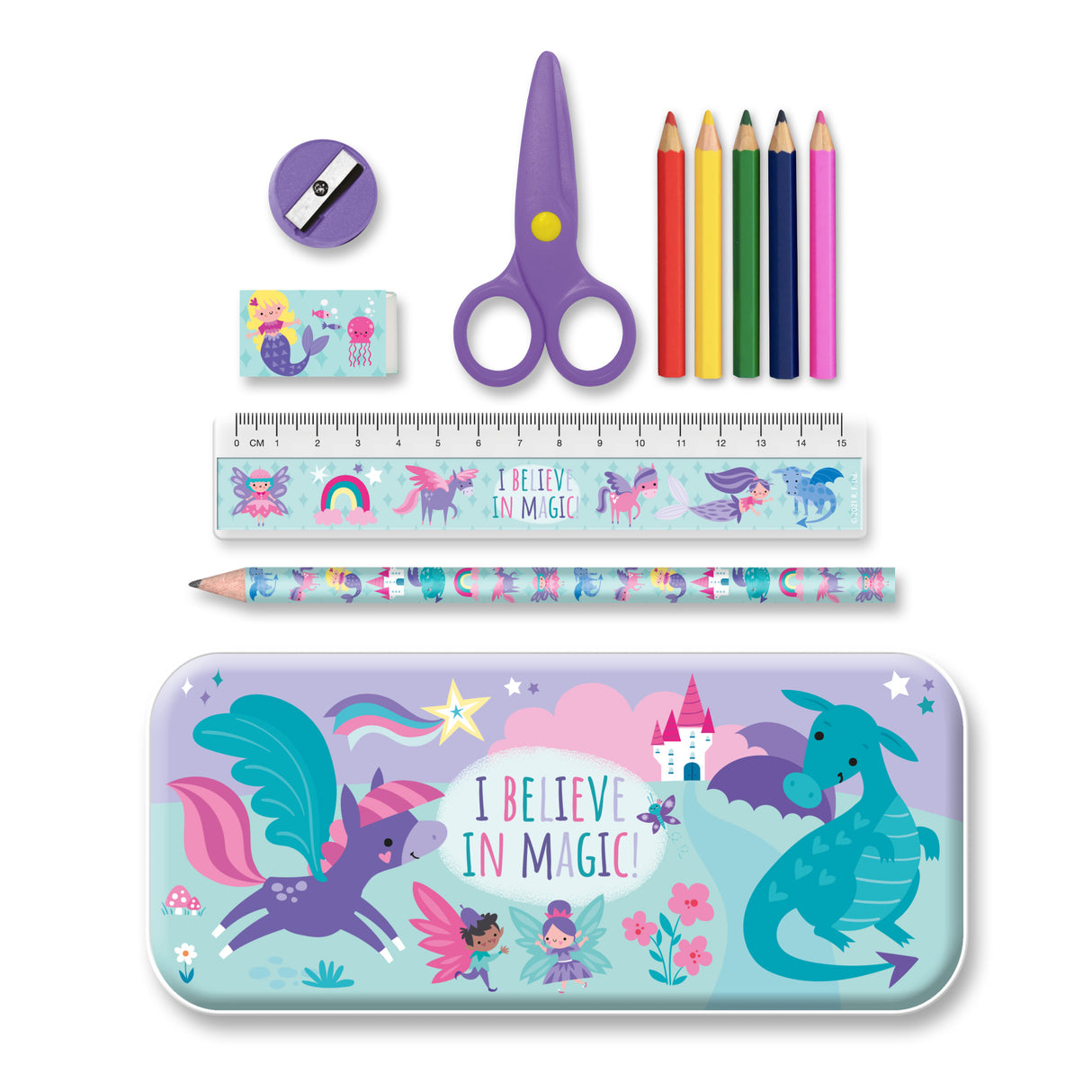 Magical Creatures Children’s Stationery Tin Set - First School Stationery Set For Ages 3 and Upward