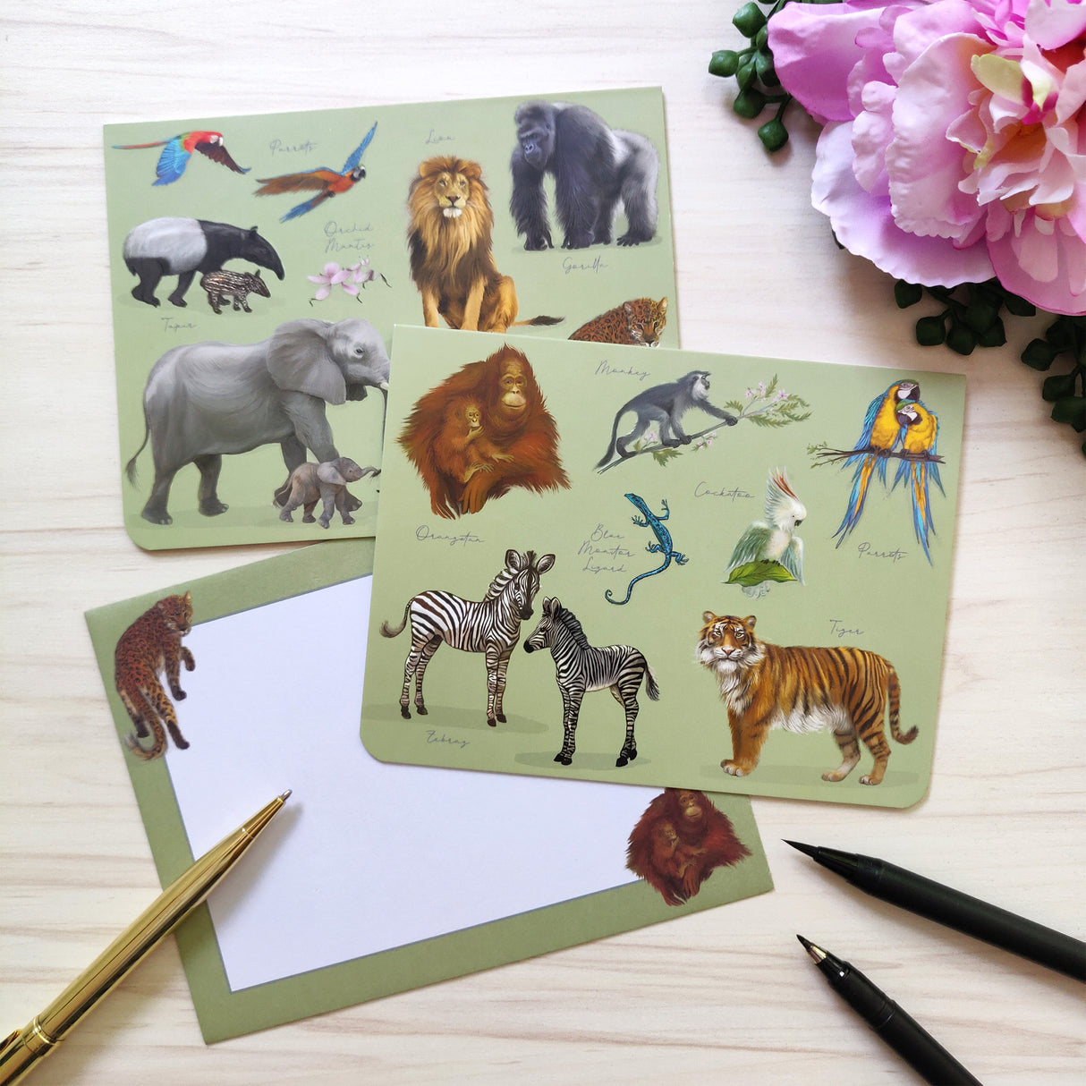 Patricia MacCarthy Notecards and Envelope Set  - Jungle Animals Design