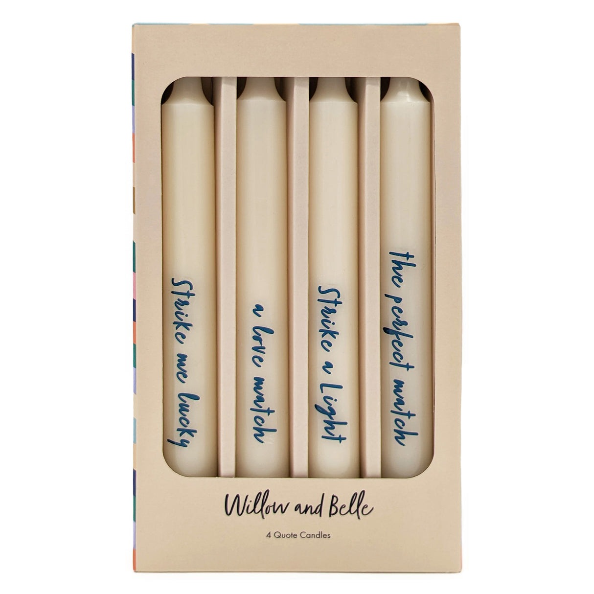 Willow and Belle Quote Design Table Candles In Gift Box Set Of Four