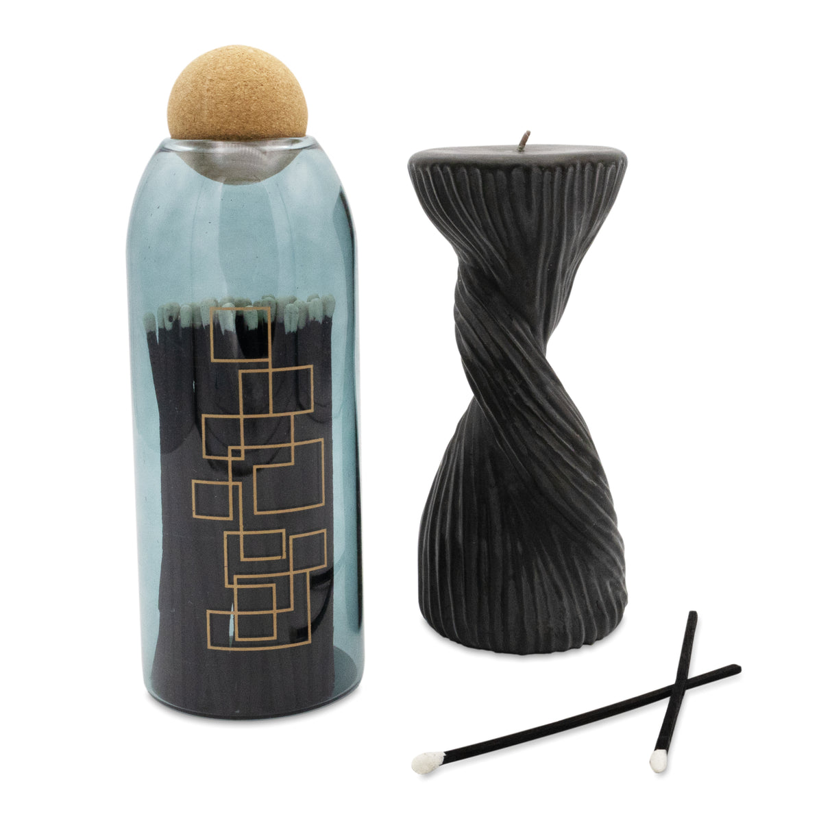 Elysian Tower Twist Candle & Matches In Glass Jar With Cork Stopper