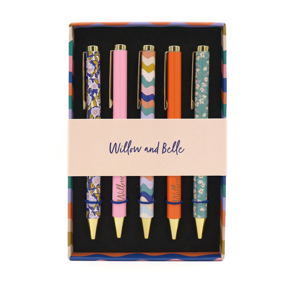 Willow and Belle Mixed Design Ballpoint Pens in Gift Box – Set of 5 Pens