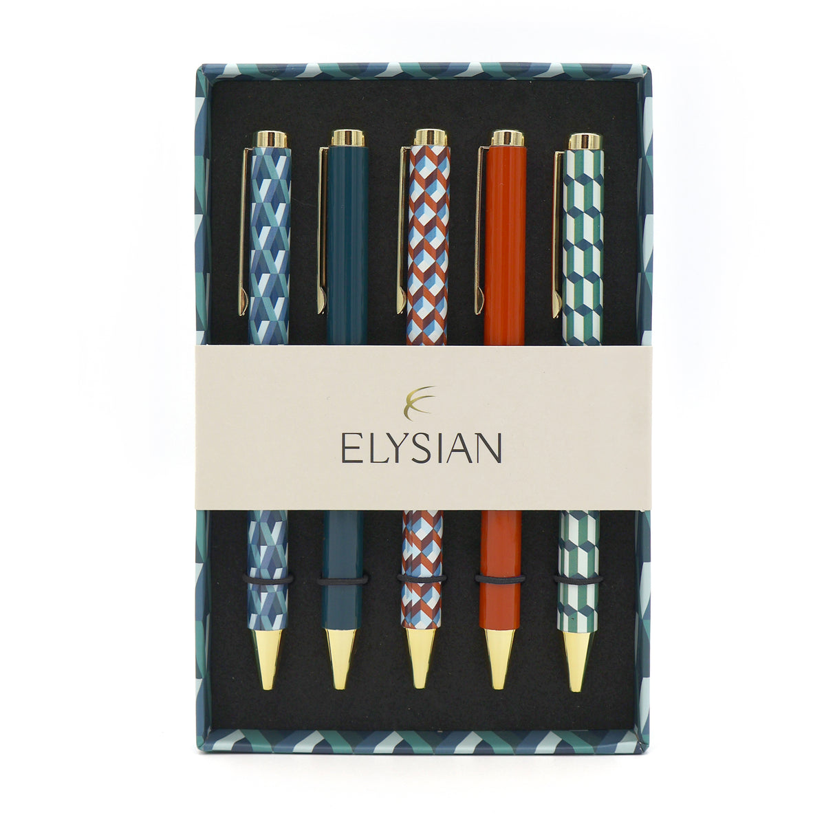 Elysian Geometric Mixed Design Ballpoint Pens in Gift Box – Set of 5 Pens